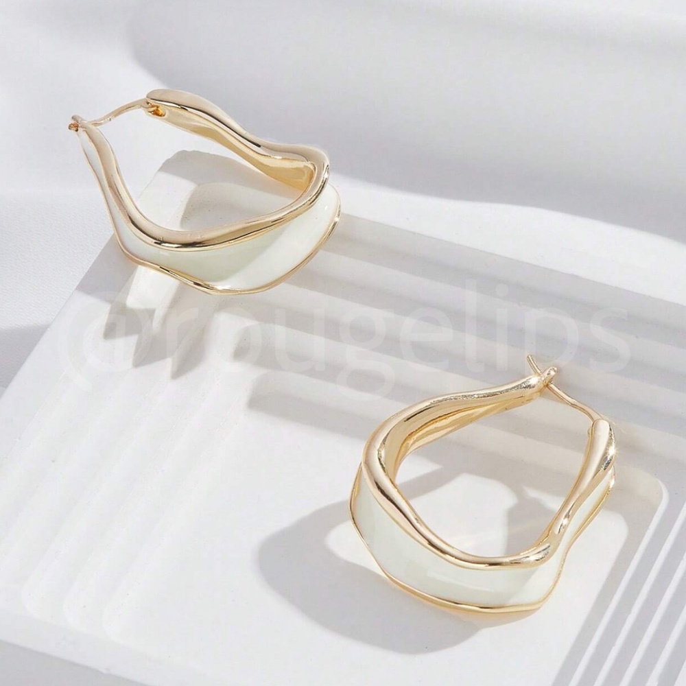 Yellow Gold Tone Irregular Shape Hoop Earrings Off White Filling - Picture 5 of 8